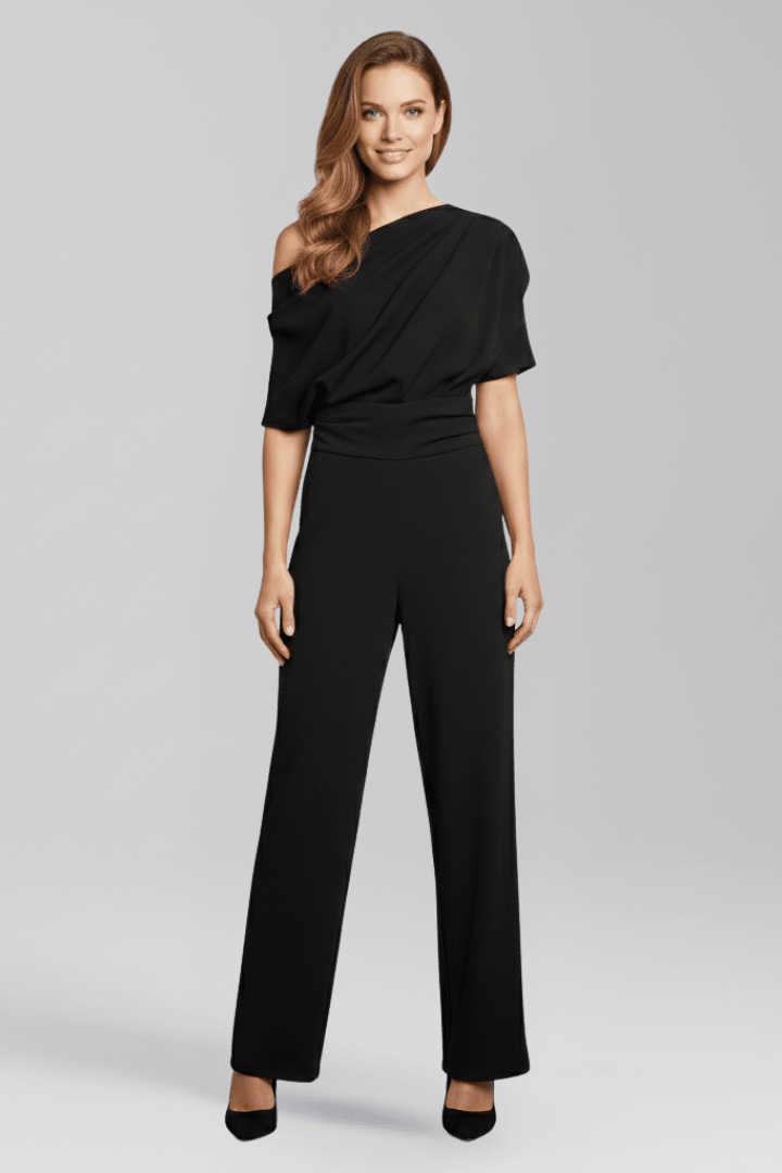 Elegant black women's jumpsuit featuring an asymmetric neckline and wide leg trousers, perfect for both casual and formal occasions. 0